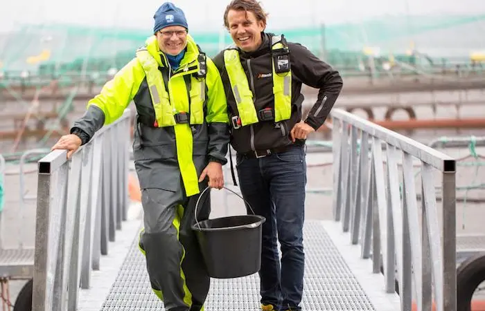 Jan Ivar Bildøy, Blom Fiskeoppdrett pictured with Oystein Larsen, aqua division manager, Alltech Norway Photo: Alltech Norway