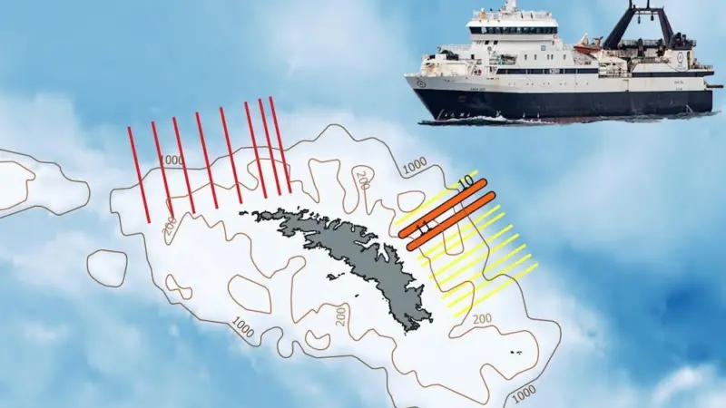 Waters around South Georgia are surveyed annually during the Austral summer by BAS at the West Core (red transects) and East Core Box (yellow transects) Photo: ARK