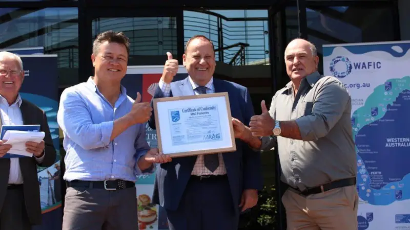 Celebrating WA’s latest MSC certified fishery are WAFIC chairman Murray Criddle, Hamish Ch’ng of Far West Scallops, Fisheries Minister Don Punch and Geoff McGowan of McBoats Seafood. Photo: WAFIC