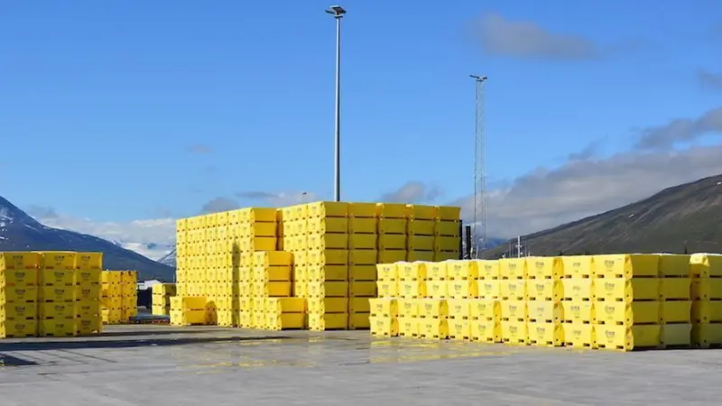 New Sæplast tubs stacked on the quay at Dalvík. Photo: Sæplast