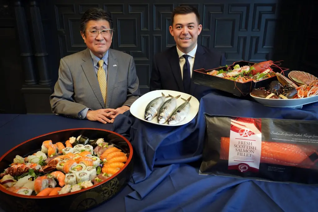 (l-r) Tadashi Fujiwara, the Consul General of Japan in Edinburgh and Adam Wing, Head of Trade Marketing, Seafood Scotland