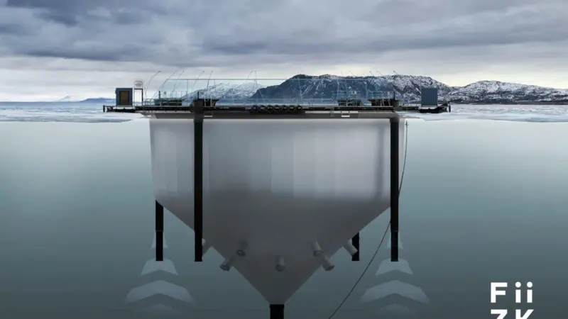 Semi-closed containment pen at a salmon farm