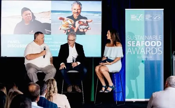 (l-r) Uncle Derek Walker - South Australian Pipi/Kuti Fishery, Tim Rudge – Yumbah Aquaculture and host Dr Joanna McMillan