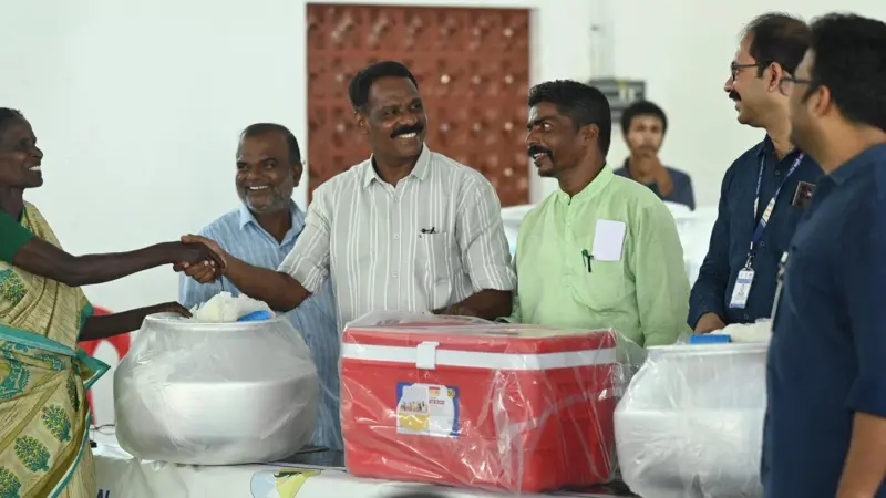 Essentials including ice boxes and nets being distributed to fishers during an awareness programme held by CMFRI in Chellanam