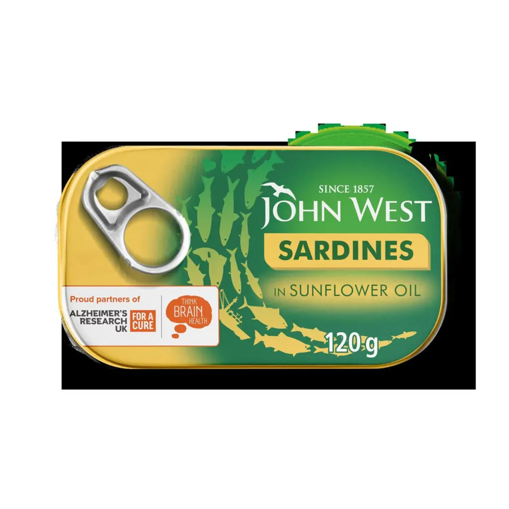 John West sardines carrying the Alzheimer's Research UK Think Brain Health campaign logo