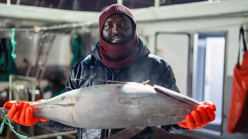 MSC albacore fisherman holding frozen tuna
