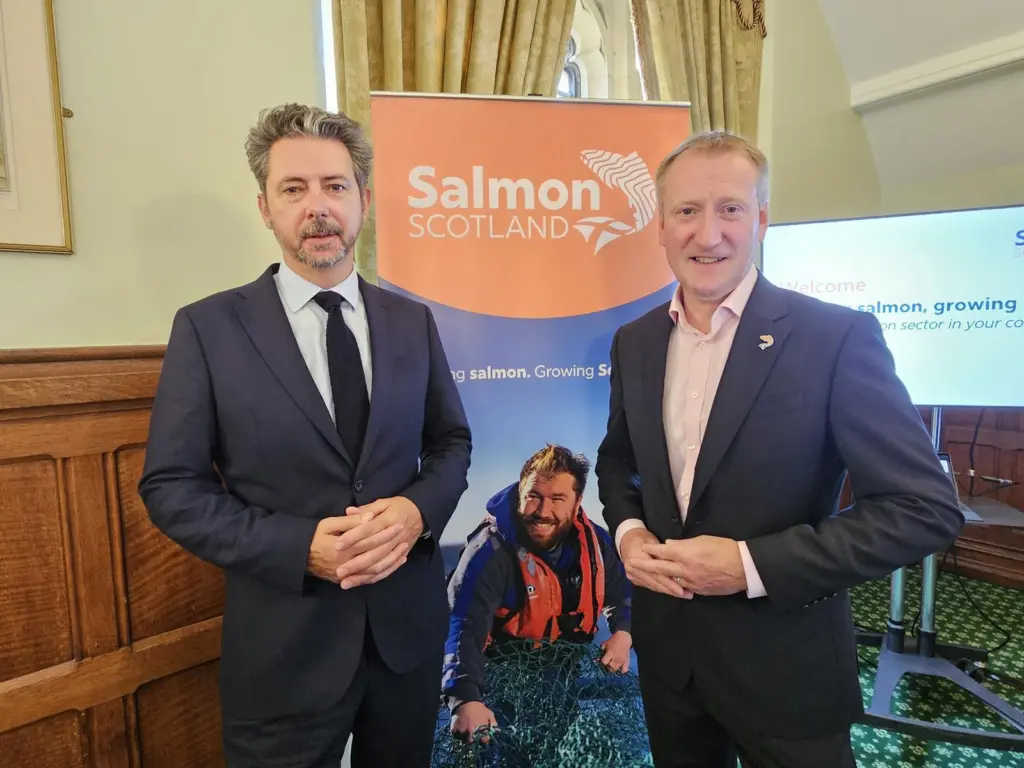 orcuil Crichton, MP for Na h-Eileanan an Iar and Travis Scott, CEO of Salmon Scotland