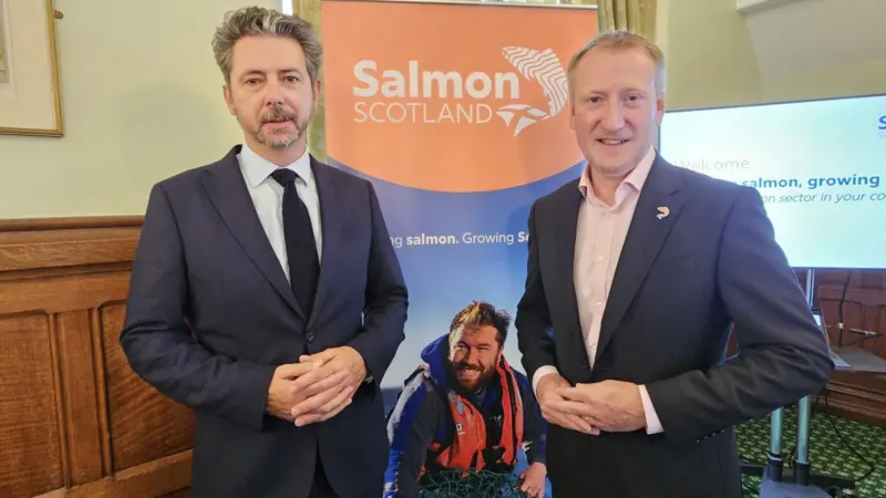 orcuil Crichton, MP for Na h-Eileanan an Iar and Travis Scott, CEO of Salmon Scotland