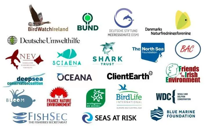 The image shows the logos of the 22 NGOs in the coalition, including ClientEarth