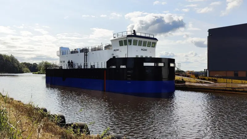 SeaFeed Steel Feed Barge being towed from the Netherlands