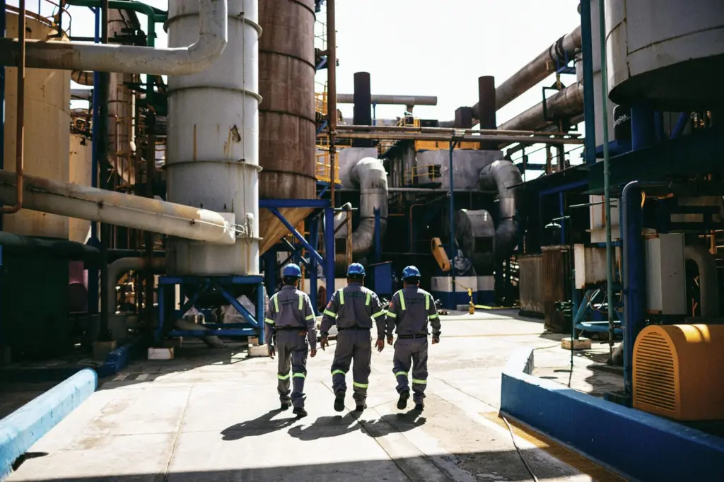 Three workers outside at a fish oil and fishmeal factory