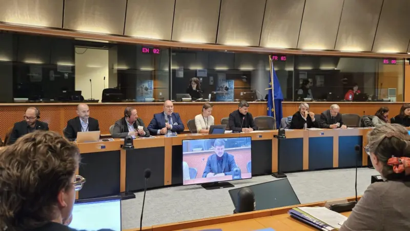 The image shows the European Parliament conference hosted by MEPs Nicolás González Casares and Paulo do Nascimento Cabral