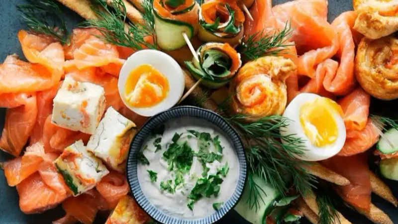 Salmon platter with mayonnaise and boiled eggs