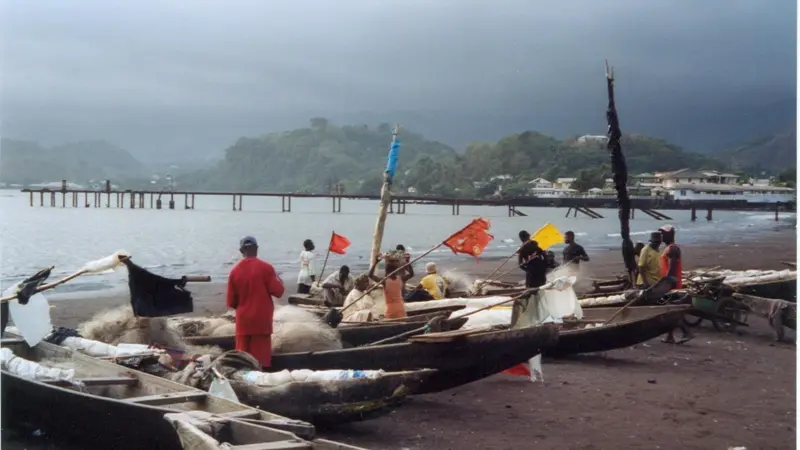 Fishing boats on Limbe beach in Victoria, Cameroon