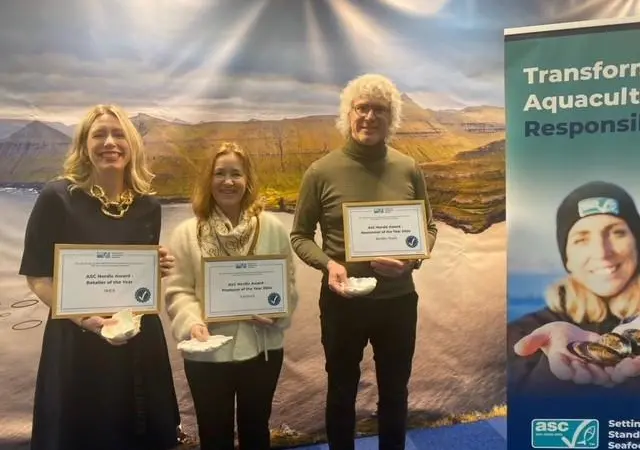 Josefina Söderlund Svahn, Country Commercial Food manager, IKEA Svenska Försäljning AB, Kristin Hurum, Director of HR, Sustainability, Quality, Cermaq Norway and Jussi Kosomaa, Business Director, Nordic Trout receive the Inaugural ASC Nordic Awards