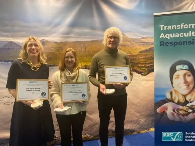 Josefina Söderlund Svahn, Country Commercial Food manager, IKEA Svenska Försäljning AB, Kristin Hurum, Director of HR, Sustainability, Quality, Cermaq Norway and Jussi Kosomaa, Business Director, Nordic Trout receive the Inaugural ASC Nordic Awards