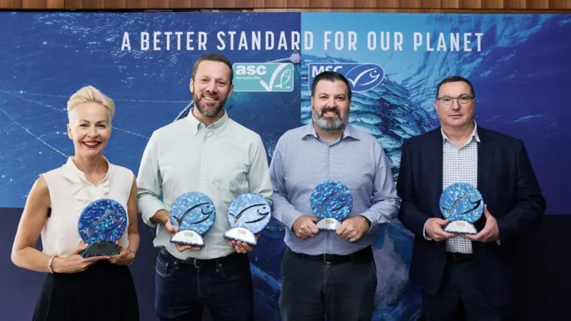 (l-r) Heidi Walker (Walker Seafoods), Bill Wall (Coles), Scott Wing (Woolworths Group), Brett Patience (Bidfood)
