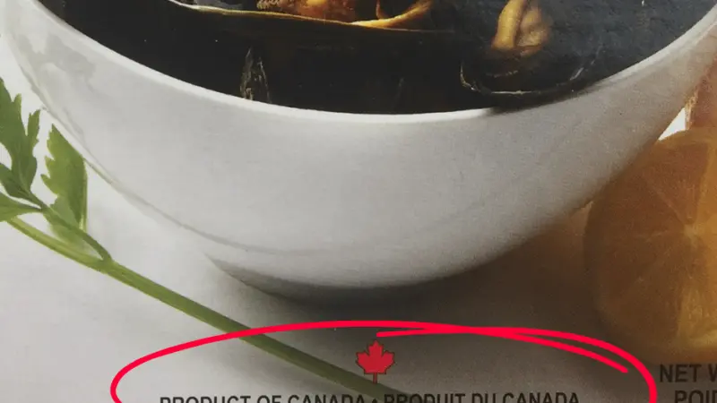 Bowl of mussels with 'Product of Canada' written underneath
