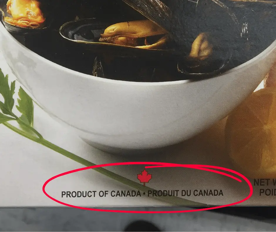 Bowl of mussels with 'Product of Canada' written underneath