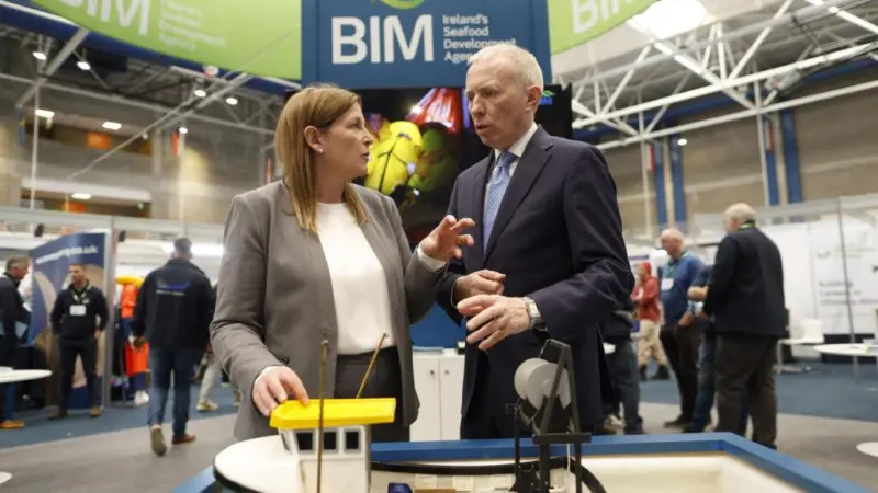 The image shows Timmy Dooley TD, Minister of State for Agriculture, Food and the Marine with responsibility for Fisheries, with Caroline Bocquel, CEO BIM, at the 2025 Irish Skipper Expo in Limerick