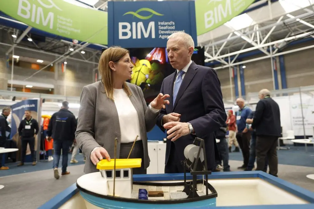 The image shows Timmy Dooley TD, Minister of State for Agriculture, Food and the Marine with responsibility for Fisheries, with Caroline Bocquel, CEO BIM, at the 2025 Irish Skipper Expo in Limerick