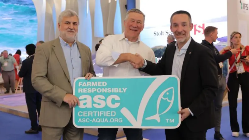 ASC CEO Chris Ninnes with Stolt Sea Farm's president Jordi Trias and sustainability manager Carlos Tavares