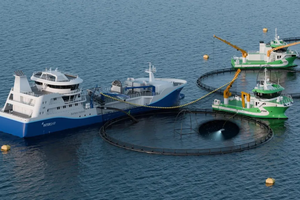 The image shows Trident Aqua Services aquaculture vessels on the water