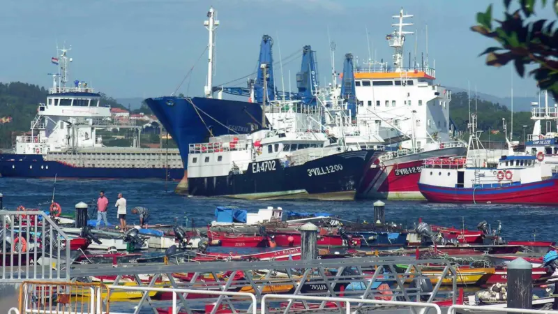 The image shows Spanish fishing vessels in port