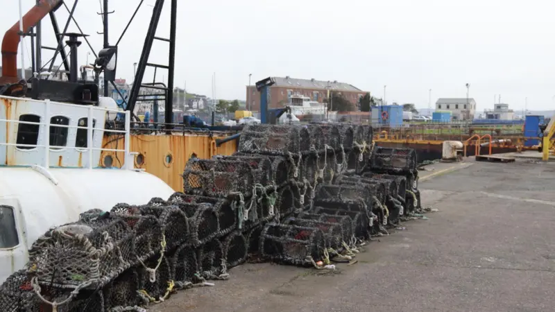 Pots stacked at  the harbour in Milford Haven, Wales
