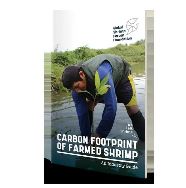Front cover of an industry guide to reducing the carbon footprint of shrimp farming