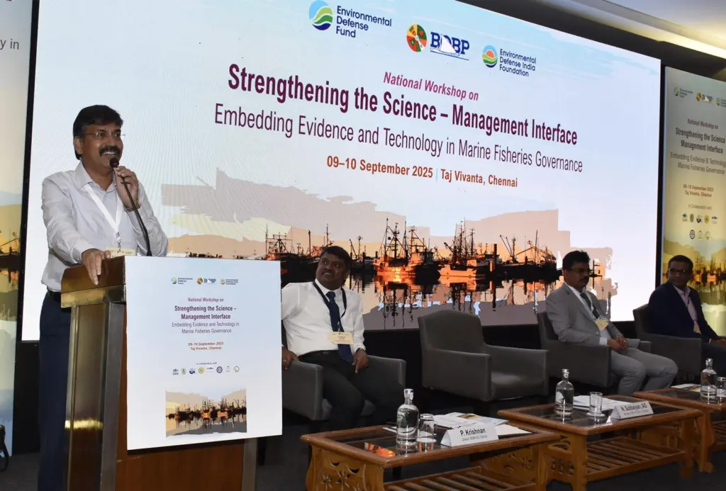 Tamil Nadu Fisheries Secretary Dr N Subbaiyan speaking at the national workshop on ‘Strengthening the Science-Management Interface’