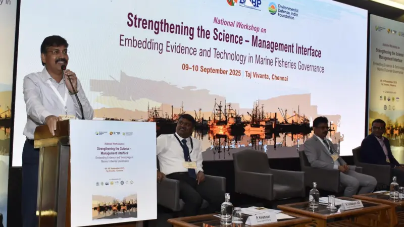 Tamil Nadu Fisheries Secretary Dr N Subbaiyan speaking at the national workshop on ‘Strengthening the Science-Management Interface’