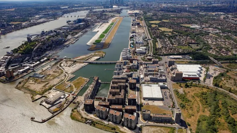 Aerial shot of the Royal Docks, London