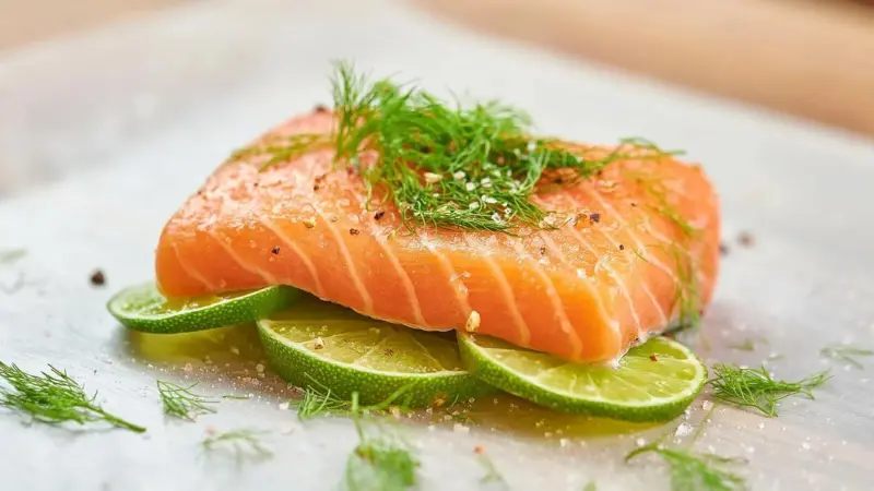 Piece of salmon on slices of lime with fennel fronds