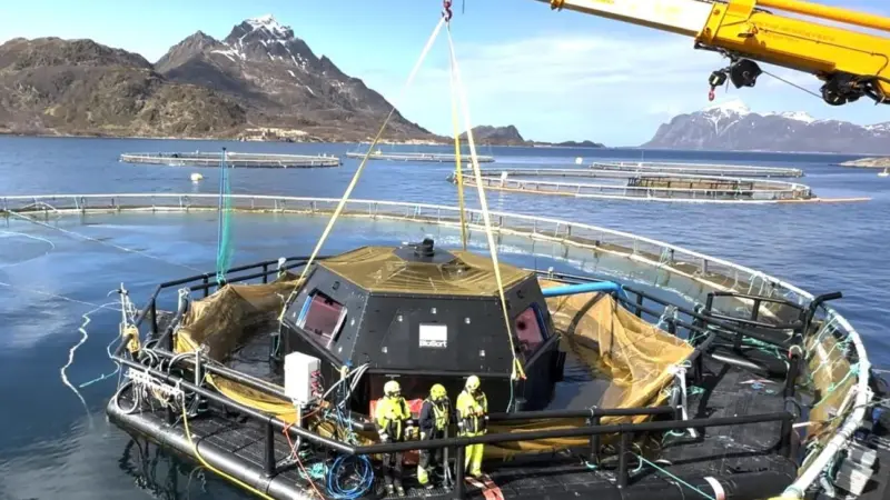 The Biosort iFarm in action on the water inside an aquaculture cage