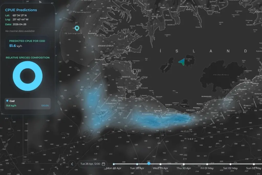 The screenshot shows the CATCH AI catch hotspots for cod