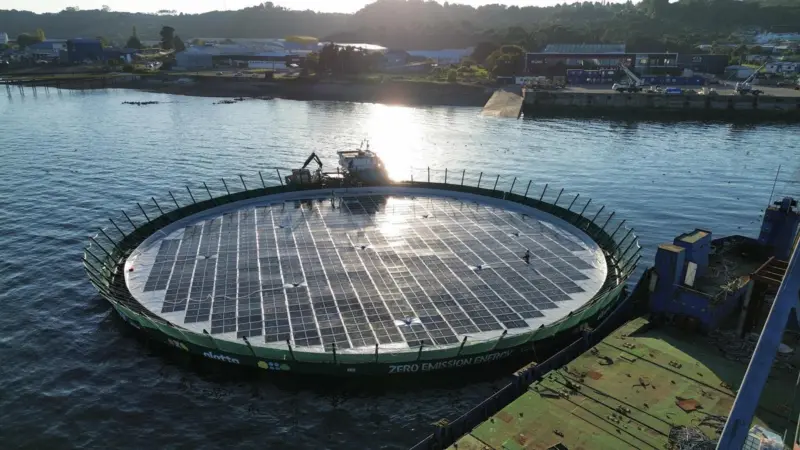 Solar-powered fish pen off the coast in Chile