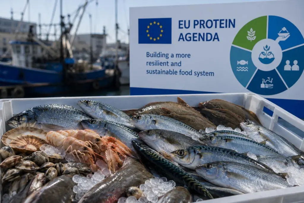 seafood on ice with a sign saying EU Protein Agenda in the background