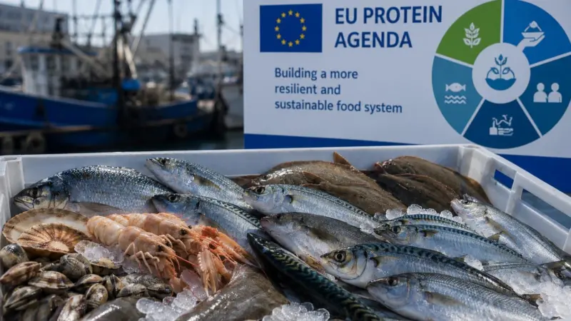 seafood on ice with a sign saying EU Protein Agenda in the background