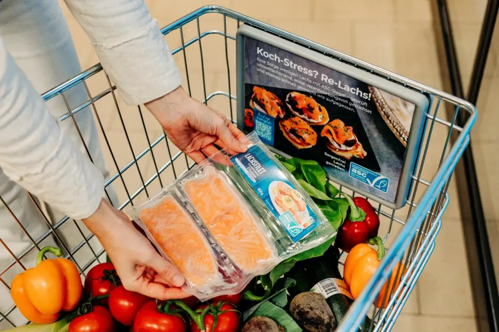 A shopping trolley with seafood