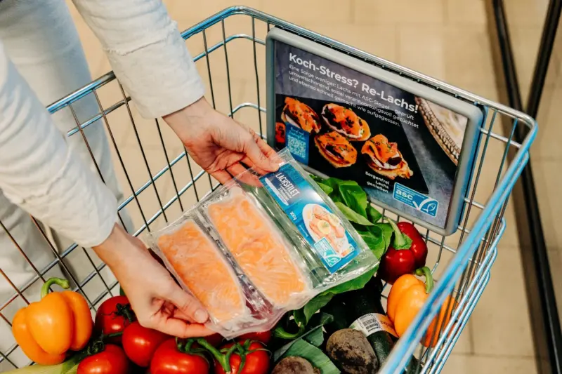 A shopping trolley with seafood