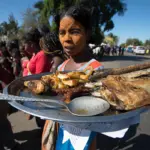 A small-scale fish vendor sells fried fish on the road to Tulear